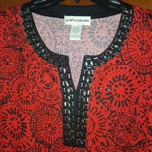 Cathy Daniels Women's Red and Black Patterned Top With Embelishments.